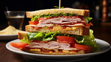 Fototapeta  - A perfectly stacked triple decker club sandwich