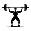A weight lifting muscle man or bodybuilder weightlifting weights in silhouette, vector illustrator.