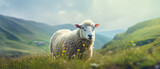 Fototapeta Zwierzęta - A Sheep in green valley blur background copy space