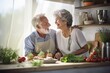© tiena - Senior couple cook at the kitchen. Happy elderly lovers cook together. AI generated