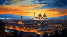 Panoramic View Of Bologna At Sunset, Italy.