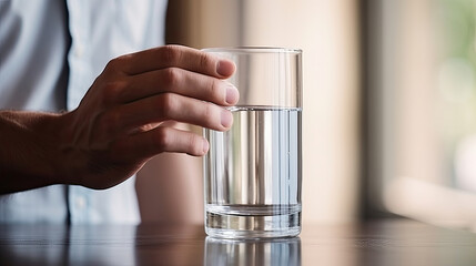 A young man in a white T-shirt drinks clean water in a clear glass cup close-up. health concept