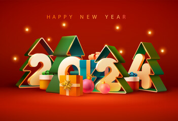 Wall Mural - Happy New year poster 2024. White numbers with colorful gift boxes, Christmas decoration on red background. Vector greeting card design.