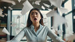 Asian businesswoman angry throwing papers over herself in office when job fails, unsuccessful project, work hard and Overworked and stressed Concept