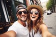 © ant - Young couple do selfie while vacation in city.