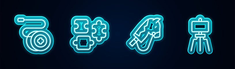 Sticker - Set line Yoyo toy, Puzzle pieces, Toy horse and Wood easel. Glowing neon icon. Vector