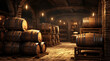 Old cellar with bottles and barrels under castle making wine.