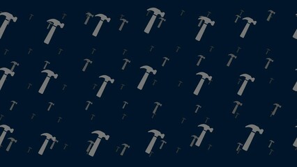 Poster - Hammer symbols float horizontally from left to right. Parallax fly effect. Floating symbols are located randomly. Seamless looped 4k animation on dark blue background