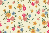 Fototapeta Miasta - Seamless floral pattern, liberty ditsy print with simple plants, colorful summer meadow. Cute botanical design: small hand drawn flowers, tiny abstract leaves on a light field. Vector illustration.