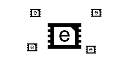 Poster - Zoom in and out animation the eSIM symbol. Large black symbol in the center and four small symbols around. Seamless looped 4k animation on white background