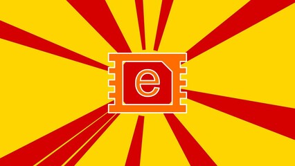 Poster - ESIM symbol on the background of animation from moving rays of the sun. Large orange symbol increases slightly. Seamless looped 4k animation on yellow background