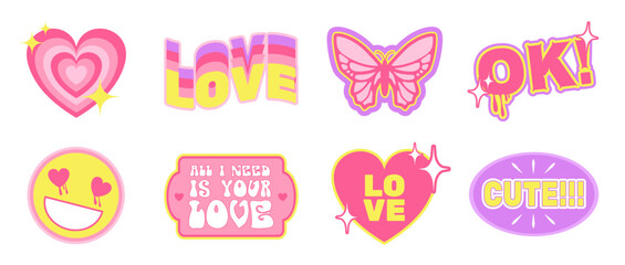 Poster - Valentine's Day sticker pack in Y2K retro aesthetic, set of cute drawings, hearts, butterfly, face and abstract forms with short cheerful phrases. Vector illustration.