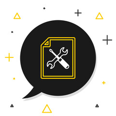 Poster - Line File document with screwdriver and wrench icon isolated on white background. Adjusting, service, setting, maintenance, repair, fixing. Colorful outline concept. Vector