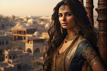 Wall Mural - Beautiful Indian woman with alluring eyes and dark hair against the backdrop of the old city.