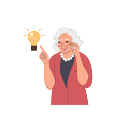 Wall Mural - Elderly woman finding new idea. Shiny light bulb. Flat style cartoon vector illustration.