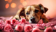 Little happy dog in flowers, valentine's day concept