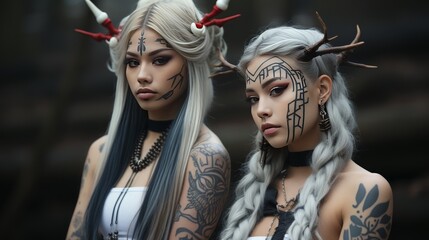 Beautiful young long-haired girls with tattoos wearing fantasy costumes and deer antlers. Characters of Scandinavian cult and pagan rituals, charming witches in mysterious forest. Halloween concept.