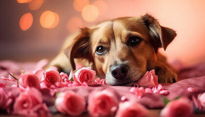 Wall Mural - Little happy dog in flowers, valentine's day concept