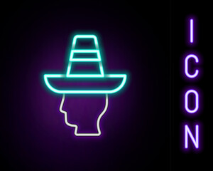 Canvas Print - Glowing neon line Mexican man wearing sombrero icon isolated on black background. Hispanic man with a mustache. Colorful outline concept. Vector