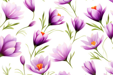 Wall Mural - Floral pattern of spring purple crocus on white background, illustration generated by AI