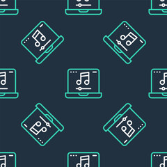 Poster - Line Laptop with music note symbol on screen icon isolated seamless pattern on black background. Vector