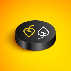 Sticker - Isometric line Leaf icon isolated on yellow background. Leaves sign. Fresh natural product symbol. Black circle button. Vector