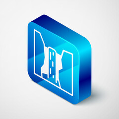 Sticker - Isometric Algar waterfall icon isolated on grey background. Region Alicante. Spain. Blue square button. Vector