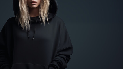 Wall Mural - Young beautiful girl in a black hoodie posing. Warm oversized hoodie with an hood. Stylish trendy hipster bow. Trying on clothes in a store. Youth subculture. Fashion clothing. Generated AI