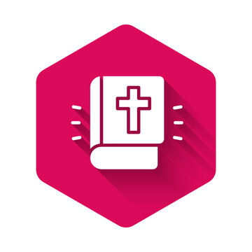 White Holy bible book icon isolated with long shadow background. Pink hexagon button. Vector