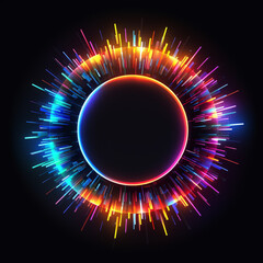 Wall Mural - 3d render, blue pink yellow neon glow round frame, circle, ring shape, empty space, ultraviolet light, 80's retro style, fashion show stage, glowing abstract background. Generative AI.