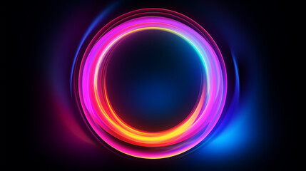 Wall Mural - 3d render, blue pink yellow neon glow round frame, circle, ring shape, empty space, ultraviolet light, 80's retro style, fashion show stage, glowing abstract background. Generative AI.