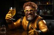 Comic portrait of a fat redhead bearded man in yellow superhero costume wearing glasses with a glass of beer sitting in a pub. Funny smiling dude portrays the friendly Superman and proposing a toast.