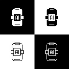 Poster - Set Artificial intelligence AI icon isolated on black and white background. Machine learning, cloud computing, automated support assistance and networks. Vector