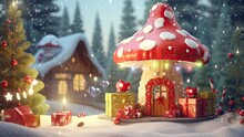Christmas Decoration With Tree, Cute Mushroom House And Gifts. With Cartoon Style. Seamless Looping Time-lapse Virtual Video Animation Background.