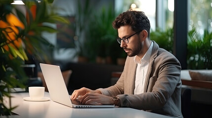 Wall Mural - Modern Office Businessman Working on Computer. Portrait of Successful Latin IT Software Engineer Working on a Laptop at his Desk. Diverse Workplace with Professionals.