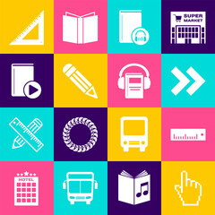 Poster - set pixel hand cursor, ruler, arrow, audio book, pencil, triangular ruler and icon. vector