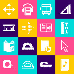 Poster - set audio book, pixel arrow cursor, measuring height and length, bus, dots, gas filling station, arr