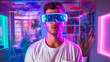 © ImageFlow - Portrait of Guy wears a VR headset stands in a room, illuminated by neon light. Concept of a metaverse virtual world. Augmented reality technology idea. Ai generative
