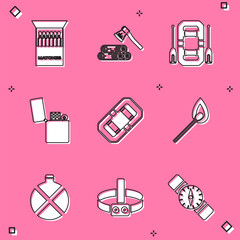 Sticker - Set Open matchbox and matches, Wooden axe wood, Rafting boat, Lighter, Burning with fire, Canteen water bottle and Head flashlight icon. Vector