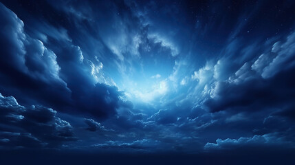 Black dark blue night sky with stars. White cumulus clouds. Moonlight, starlight. Background for design. Astrology, astronomy, science fiction, fantasy, dream. Storm front. Dramatic.