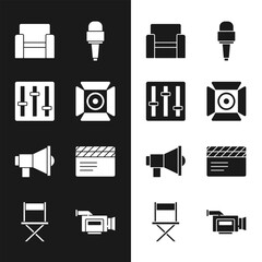 Poster - Set Movie spotlight, Sound mixer controller, Cinema chair, Microphone, Megaphone, clapper, camera and Director movie icon. Vector