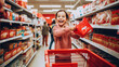 Smiling cheerful and joyful girl shopping basket hand standing between supermarket product shelf aisle convenience store supermarket department store mall