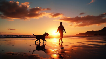 Silhouette of boy and dog playing on the beach at sunrise.