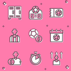 Sticker - Set Locker or changing room, Sport mechanical scoreboard, Football soccer ticket, referee, Soccer football, calendar, Buy player and Stopwatch icon. Vector