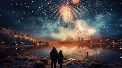 Beautiful festive fireworks. People watch the launch of beautiful fireworks