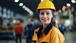 Young woman as apprentice in training in logistics profession with safety helmet