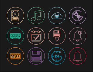 Poster - set line ringing bell, bell, cloud database, calendar with check mark, retro flip clock, hard disk d