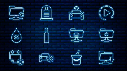 Poster - Set line FTP folder download, settings, Police car and flasher, Bottle of wine, Water drop percentage, sync refresh, upload and Tombstone with RIP written icon. Vector