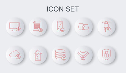 Poster - Set line Shield security with lock, Cloud computing, Smartphone, Wifi locked, Lock monitor, Document and, Retro wall watch and Server icon. Vector