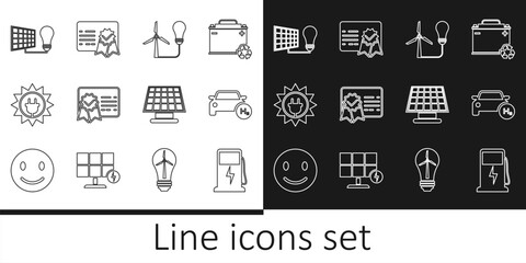 Sticker - Set line Electric car charging station, Hydrogen, Light bulb with wind turbine, Certificate template, Solar energy panel, and light, and icon. Vector